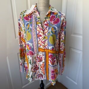 NWT Calypso St. Barth Beach Floral Cotton Button Down Top Sz Large Vacation Wear
